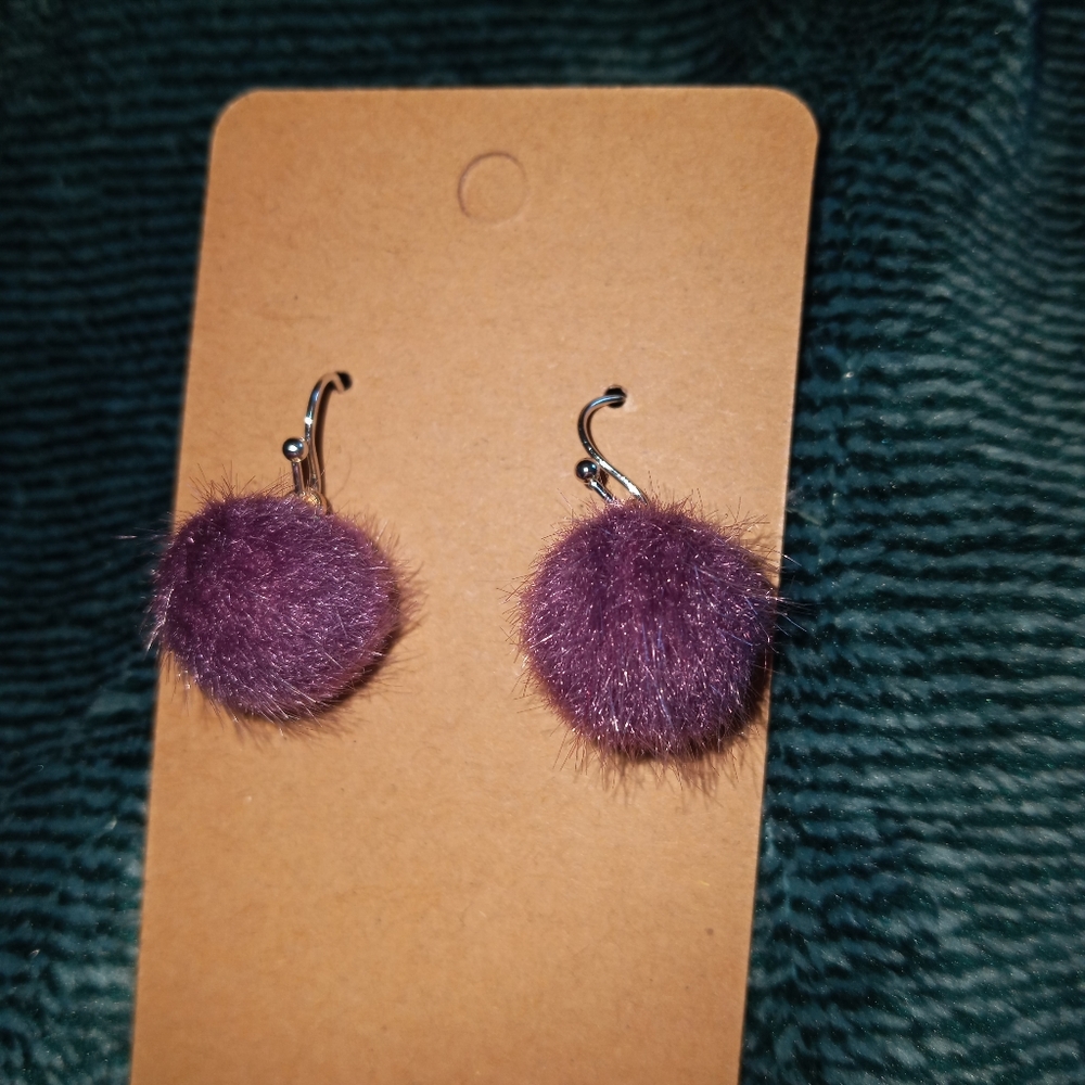 hand crafted Y2k purple furry pom pom statement earrings